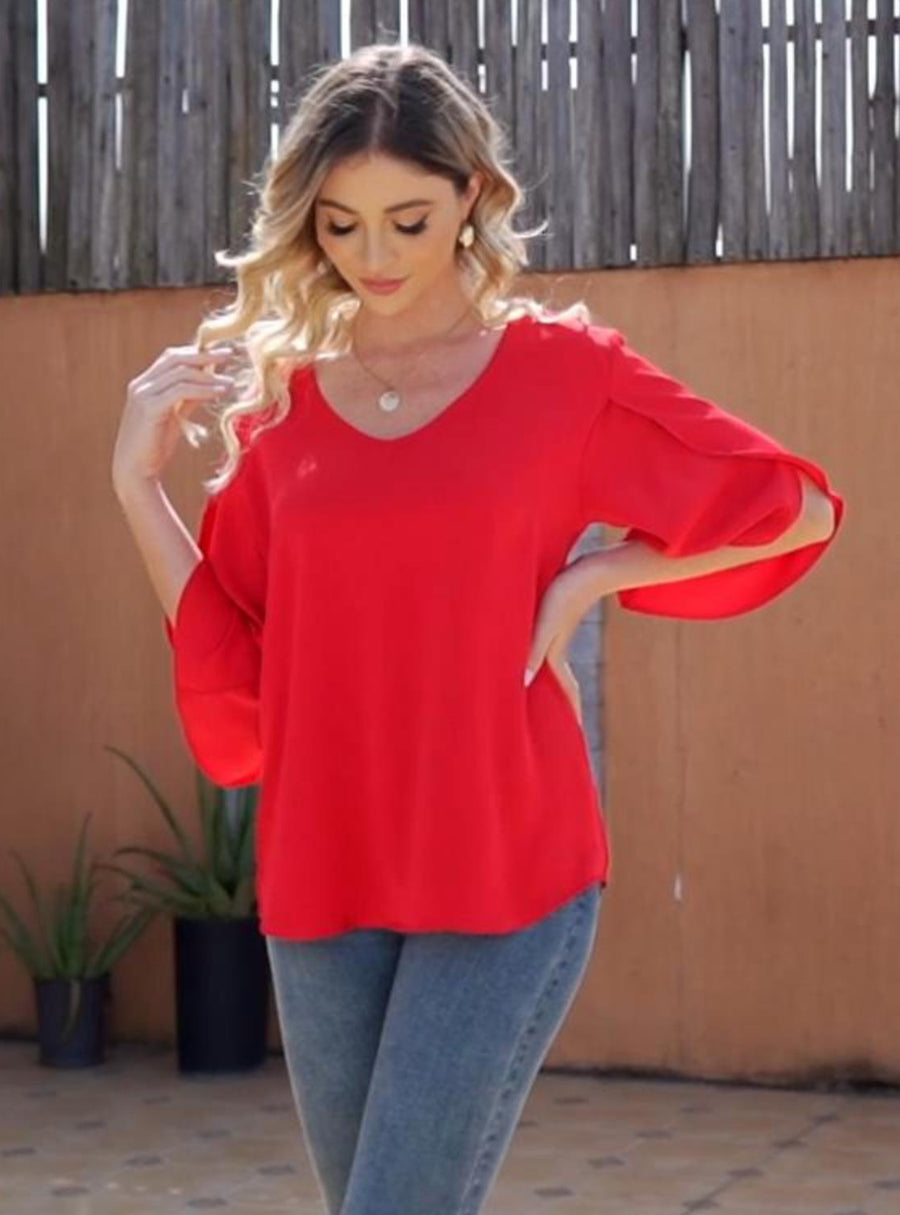 Women's Short Sleeve Button Down Loose Chiffon Blouses in Red