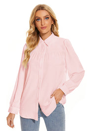 Women's Pleated Long Sleeve Chiffon Blouses in Pink