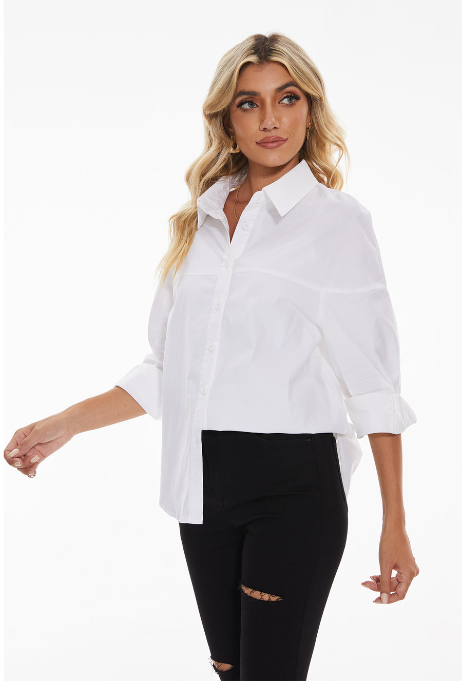 Women's lapel long sleeves Button Down Shirt in White