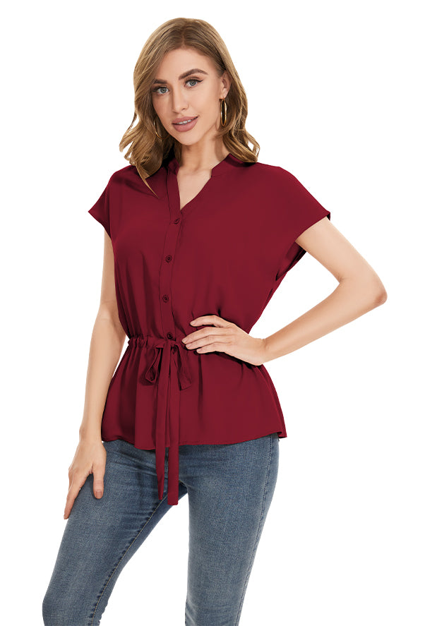 Womens Fashion Button Down Shirt Short Sleeve Blouses in Red