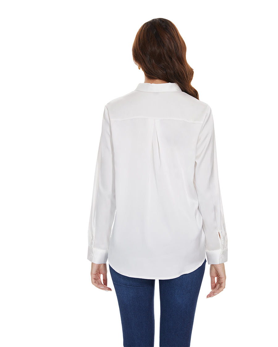 Women‘s Long Sleeve Bow Tie Neck Satin Solid Blouse in White