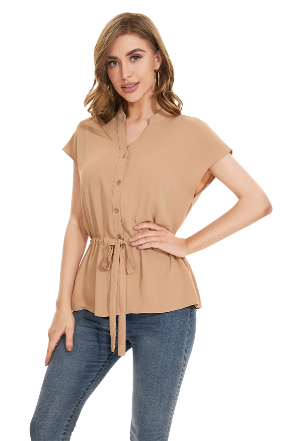 Womens Fashion Button Down Shirt Short Sleeve Blouses in Khaki