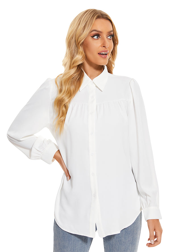 Women's Pleated Long Sleeve Chiffon Blouses in White