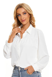 Women's Pleated Long Sleeve Chiffon Blouses in White