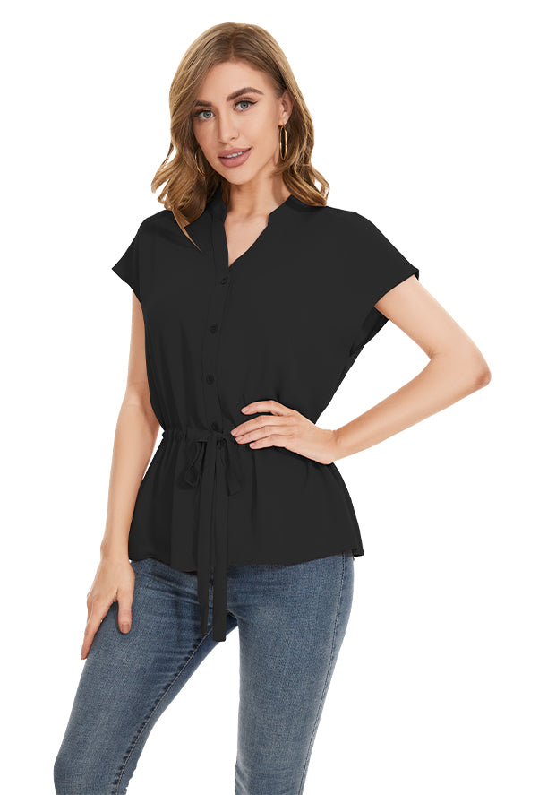 Womens Fashion Button Down Shirt Short Sleeve Blouses in Black