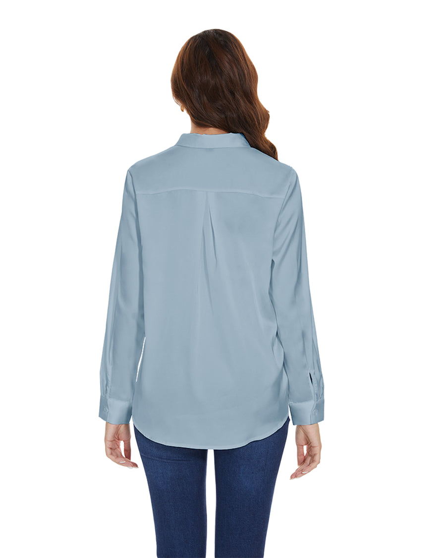 Women‘s Long Sleeve Bow Tie Neck Satin Solid Blouse in Blue