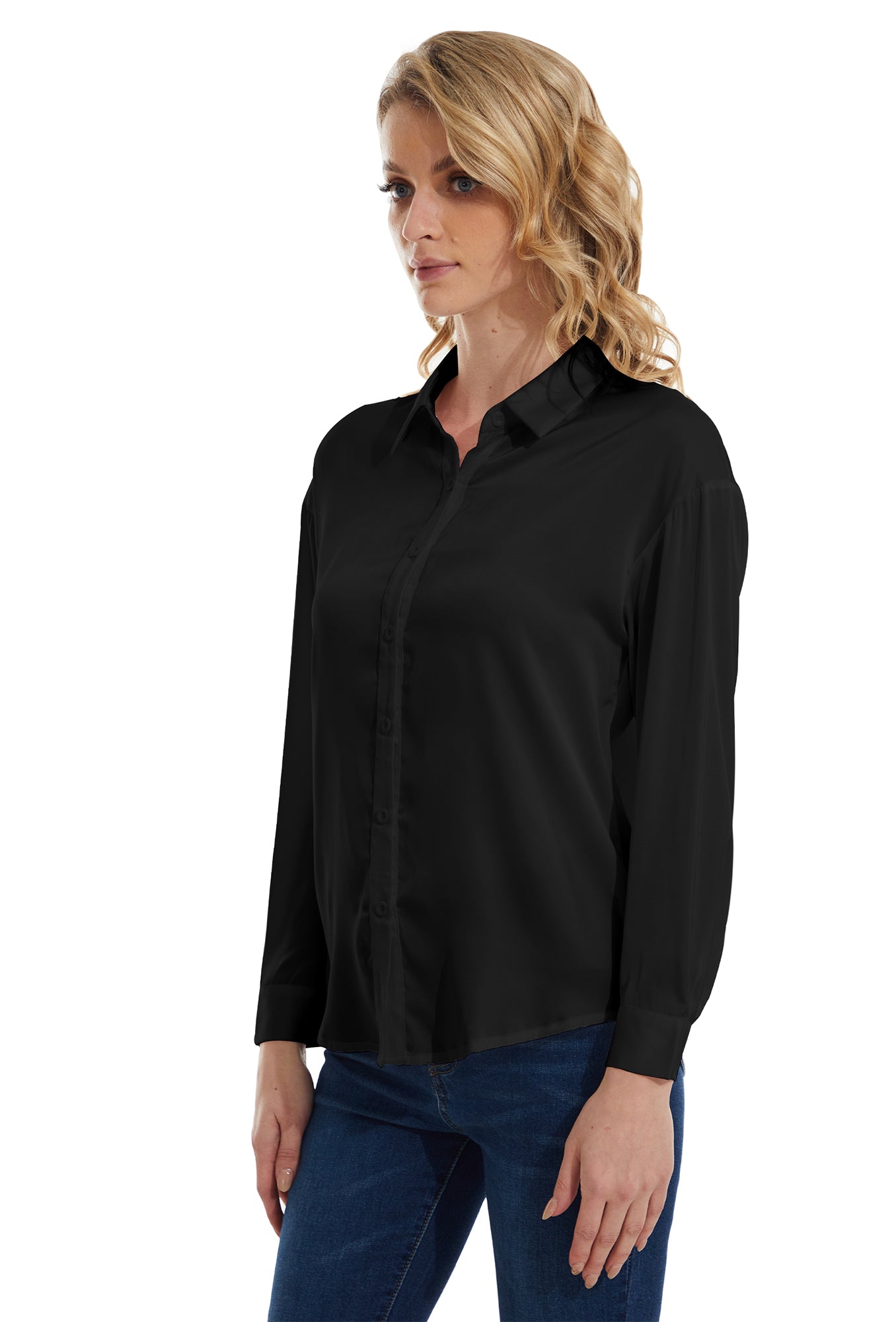 Womens Satin Solid Blouse Long Sleeve Work Casual Button Down Shirts in Black