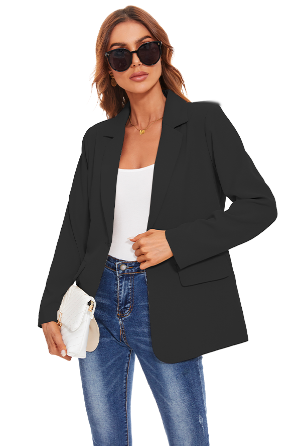 Women's Long Sleeve Open Front Blazers with Pockets in Black