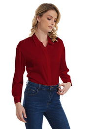 Womens Satin Solid Blouse Long Sleeve Work Casual Button Down Shirts in Red