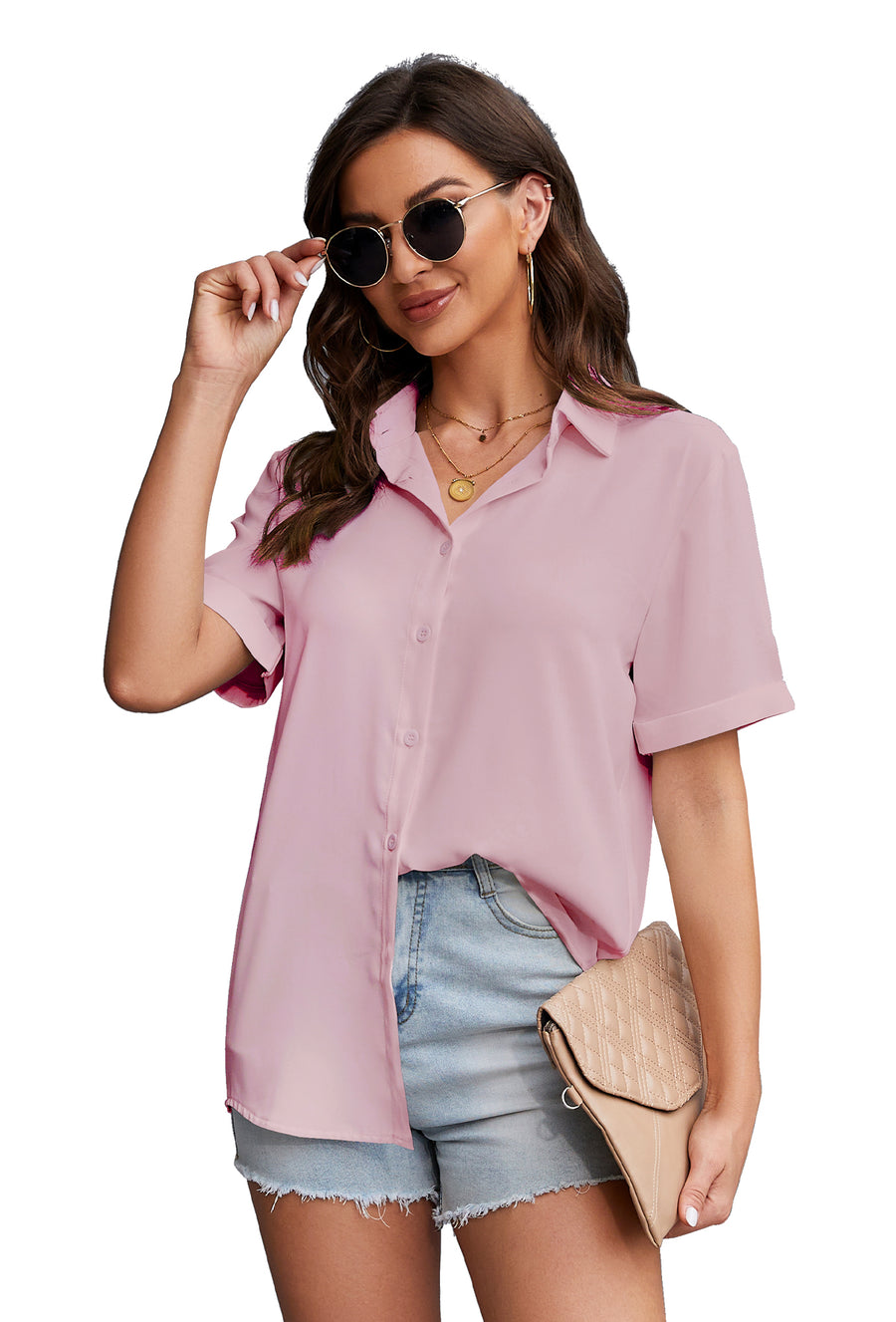 Women's Short Sleeve Collared Shirt in Pink