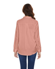 Women‘s Long Sleeve Bow Tie Neck Satin Solid Blouse in Pink