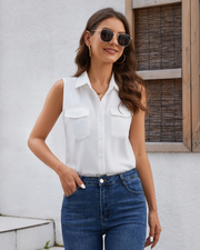 Women's Sleeveless Button Down Shirts Blouses Solid Casual Tank Top Loose V Neck Summer Top for Work