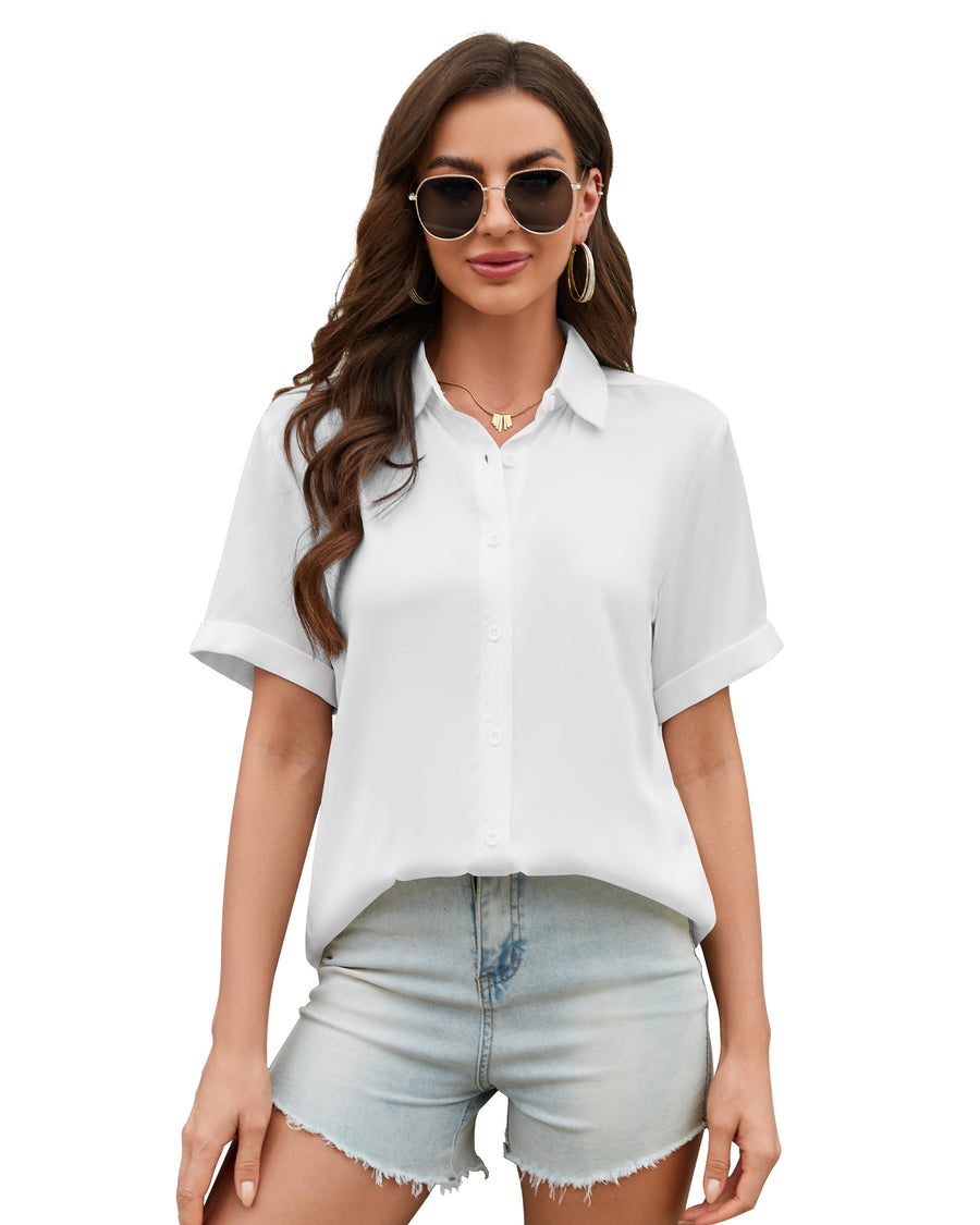 Women's Button Down Shirt Textured Chiffon Blouse Classic Collared Top Casual Work Office Blouse