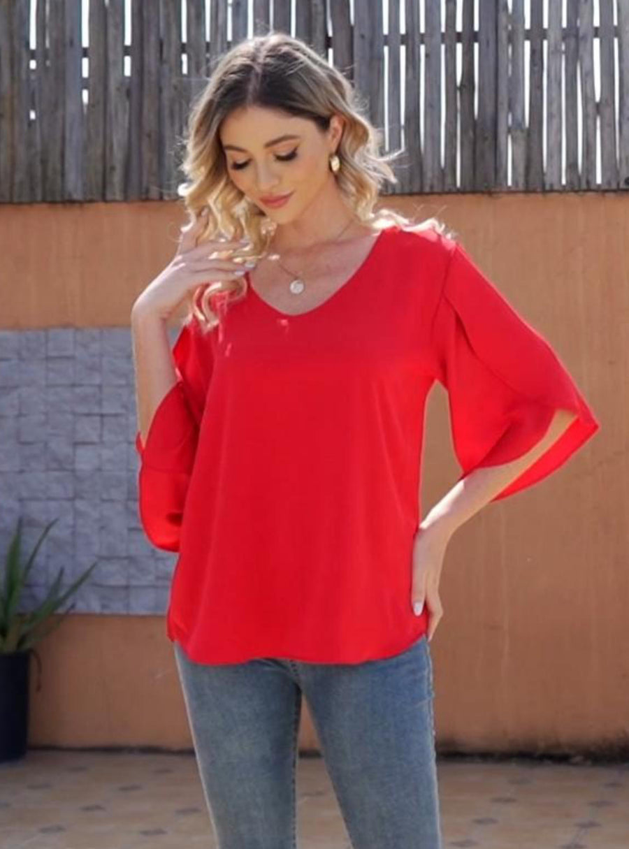 Women's Short Sleeve Button Down Loose Chiffon Blouses in Red