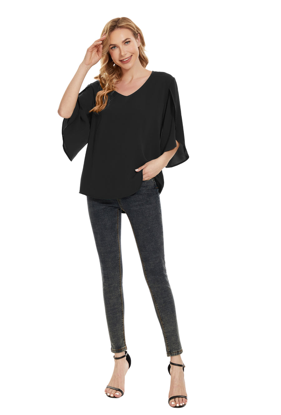 Women's Short Sleeve Loose Chiffon Blouses in Black