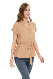 Womens Fashion Button Down Shirt Short Sleeve Blouses in Khaki