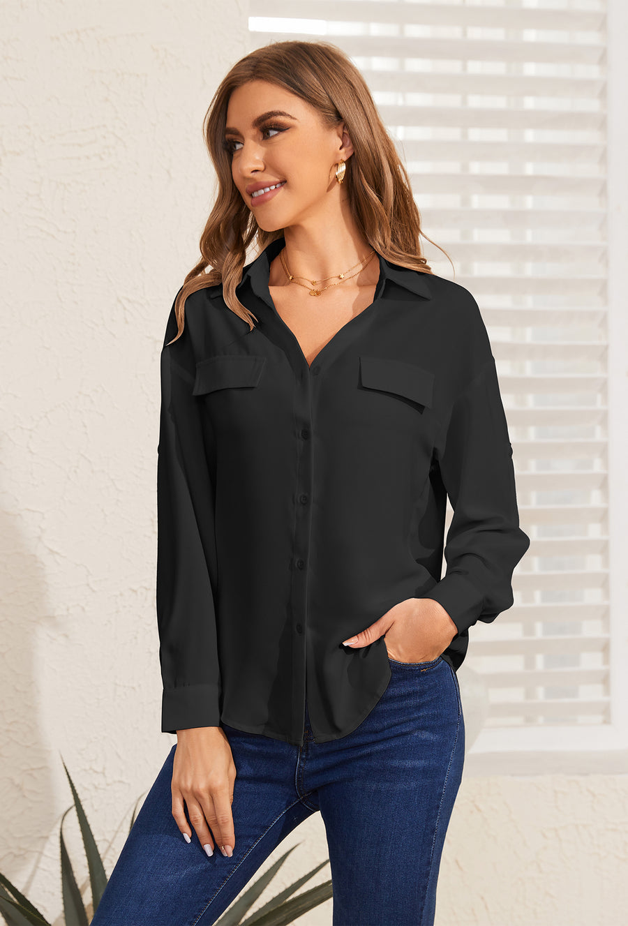 V -neck adjustment sleeve chiffon Blouse Long Sleeve Button Down Shirts  in Black