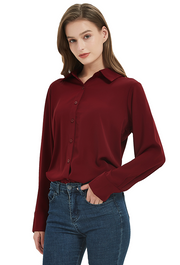 Women's Classic Long Sleeve Collared Chiffon Blouse in Wine Red