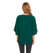 Women's Short Sleeve Button Down Loose Chiffon Blouses in Forest Green