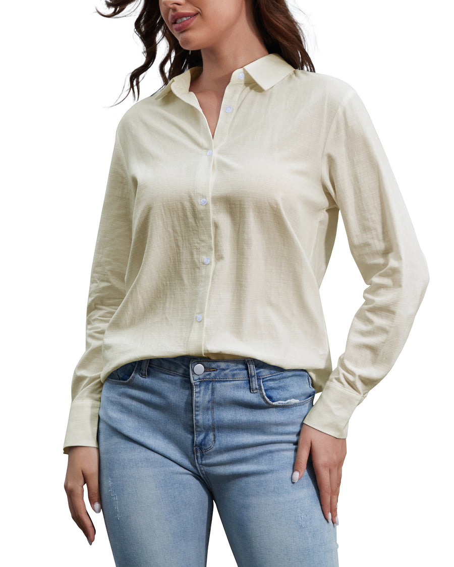 Cotton Linen Women's Button Down Shirts Long Sleeve V Neck Collared Shirt Loose Fit Casual Work Blouse Top