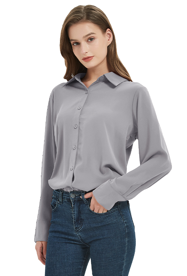 Women's Classic Long Sleeve Collared Chiffon Blouse in Grey