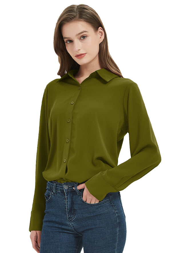 Women's Classic Long Sleeve Collared Chiffon Blouse in Green