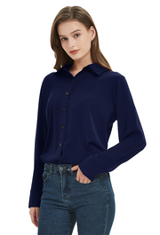 Women's Classic Long Sleeve Collared Chiffon Blouse in Navy Blue