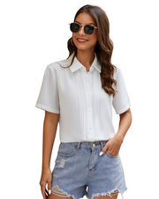 Womens Button Down Shirts Long Sleeve Casual Chiffon Blouses Loose Pleated Collared Work Office Tops