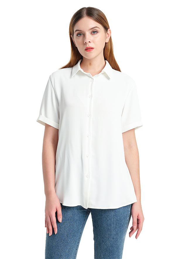 Women's Short Sleeve Collared Shirt in White