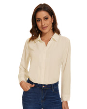 Womens Button Down Shirts Long Sleeve Casual Chiffon Blouses Loose Pleated Collared Work Office Tops