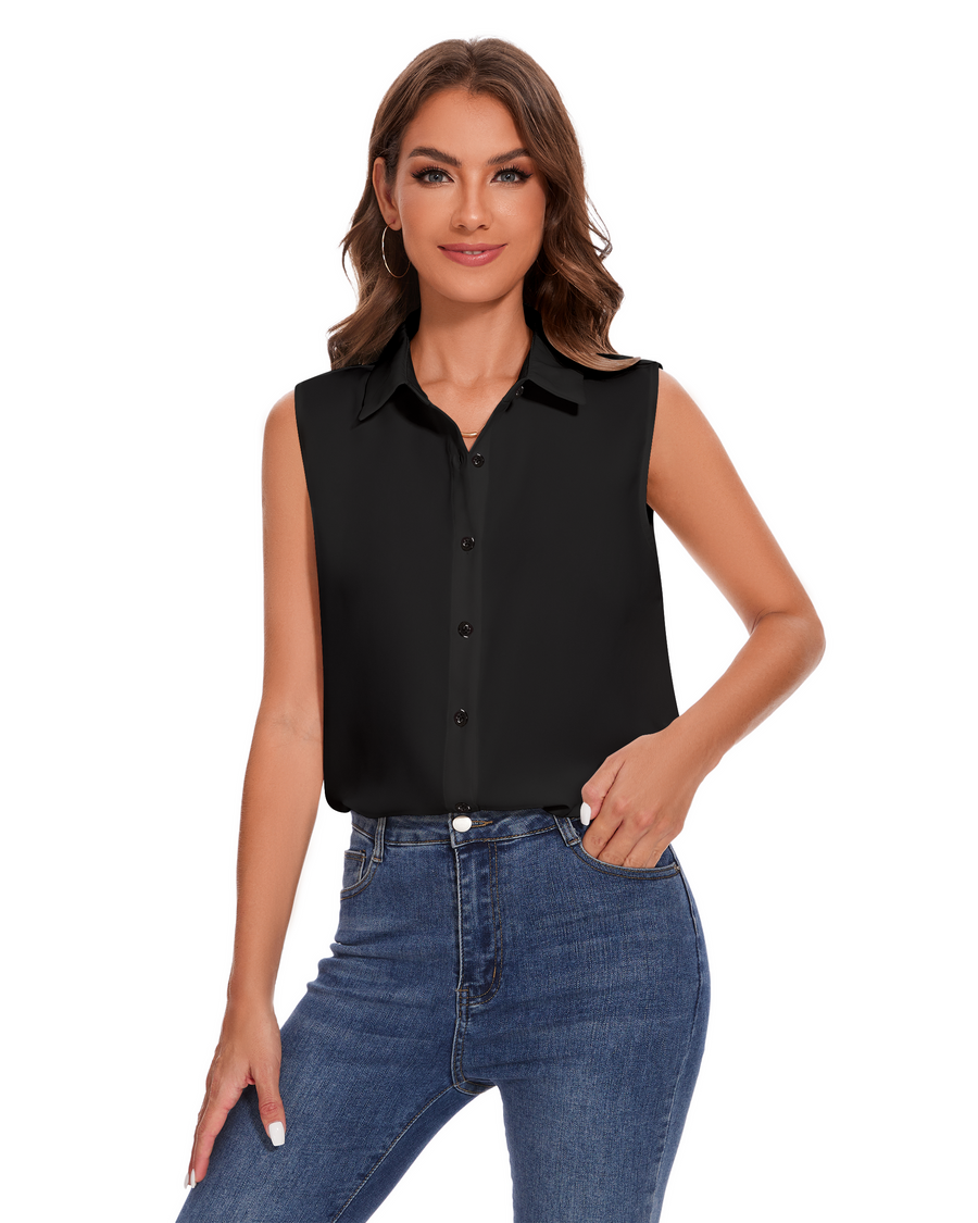 Womens Sleeveless Button Down Shirt Classic Collared Blouse Basic Tank Tops Work Office Chiffon Tops