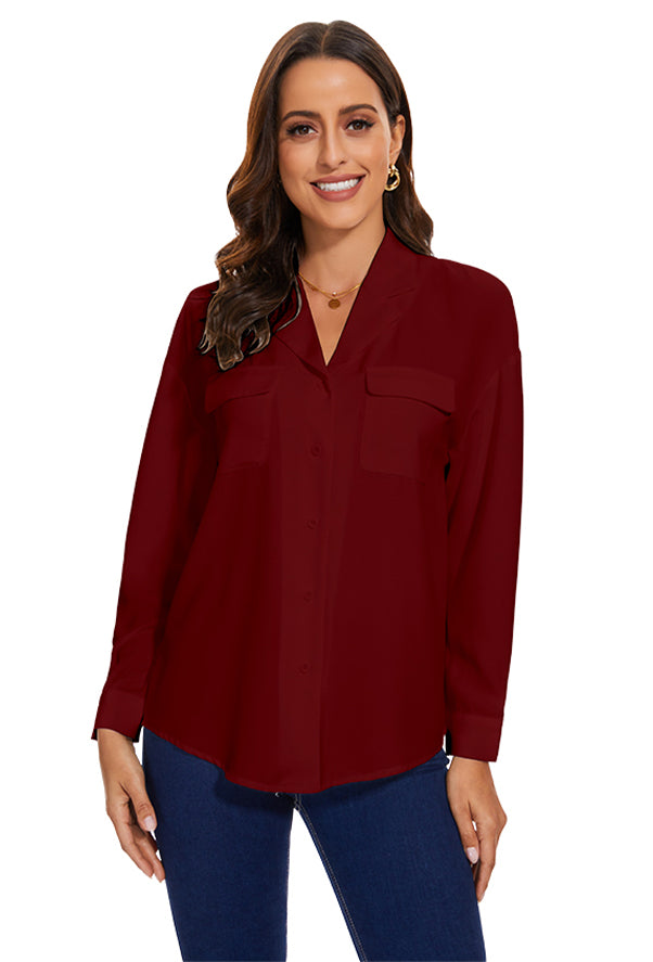 Womens Blouse & Button-Down Shirt with Pockets in Wine Red