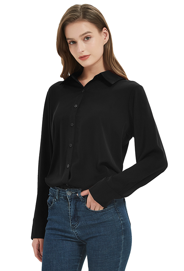 Women's Classic Long Sleeve Collared Chiffon Blouse in Black