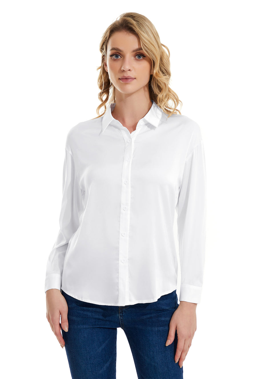 Womens Satin Solid Blouse Long Sleeve Work Casual Button Down Shirts in White