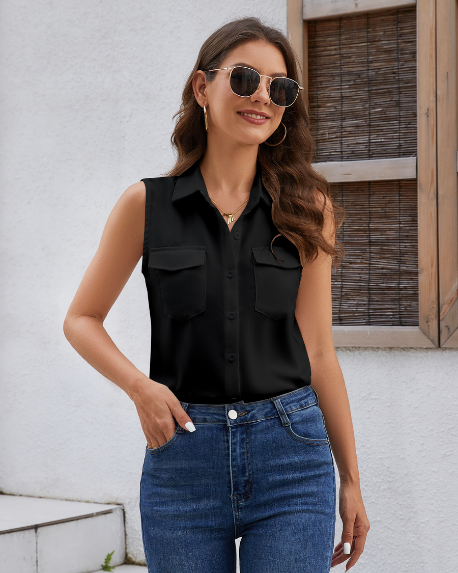 Women's Sleeveless Button Down Shirts Blouses Solid Casual Tank Top Loose V Neck Summer Top for Work