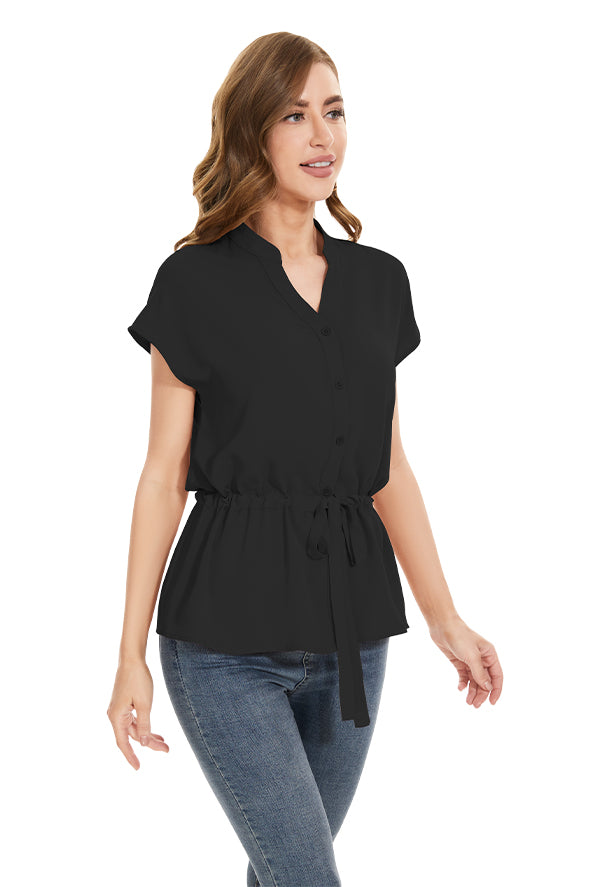 Womens Fashion Button Down Shirt Short Sleeve Blouses in Black