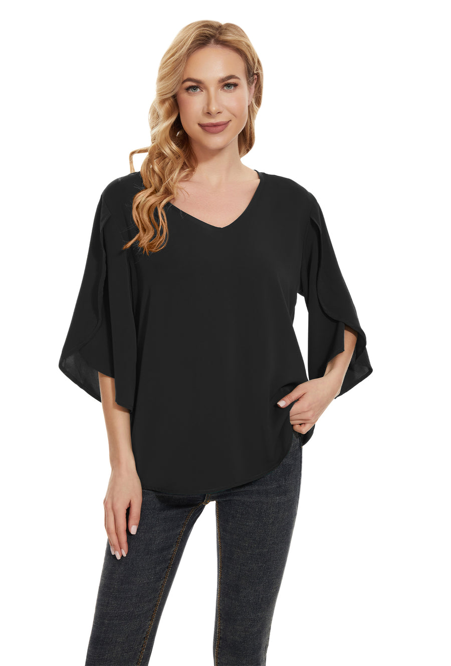 Women's Short Sleeve Loose Chiffon Blouses in Black