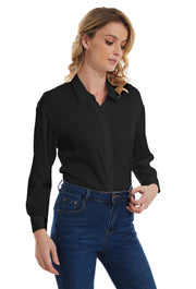 Womens Satin Solid Blouse Long Sleeve Work Casual Button Down Shirts in Black