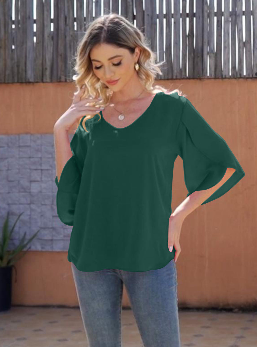 Women's Short Sleeve Button Down Loose Chiffon Blouses in Forest Green