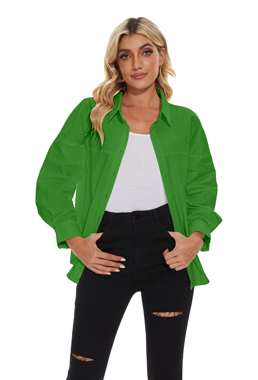 Women's lapel long sleeves Button Down Shirt in Green