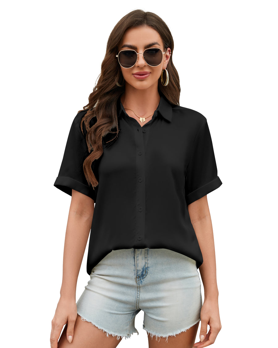 Women's Button Down Shirt Textured Chiffon Blouse Classic Collared Top Casual Work Office Blouse