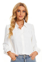 Women's Pleated Long Sleeve Chiffon Blouses in White