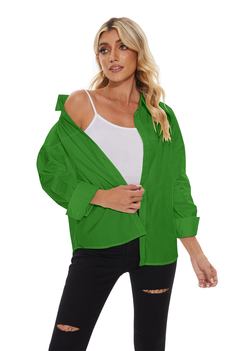 Women's lapel long sleeves Button Down Shirt in Green