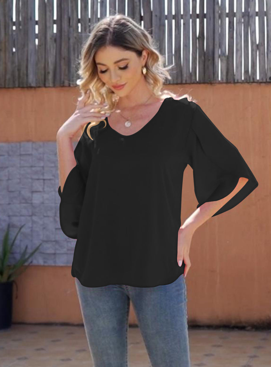 Women's Short Sleeve Loose Chiffon Blouses in Black