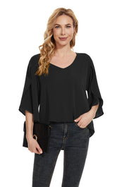 Women's Short Sleeve Loose Chiffon Blouses in Black