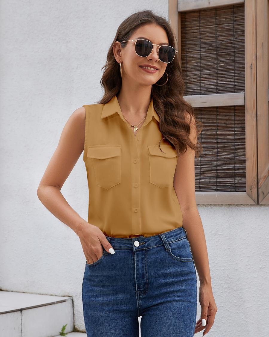 Women's Sleeveless Button Down Shirts Blouses Solid Casual Tank Top Loose V Neck Summer Top for Work