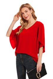 Women's Short Sleeve Button Down Loose Chiffon Blouses in Red