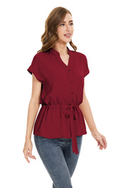 Womens Fashion Button Down Shirt Short Sleeve Blouses in Red