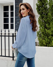 Womens Long Sleeve Bow Tie Neck Button Down Shirts in Blue