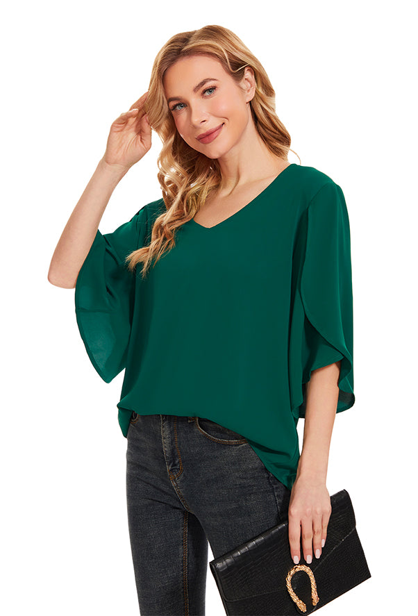 Women's Short Sleeve Button Down Loose Chiffon Blouses in Forest Green